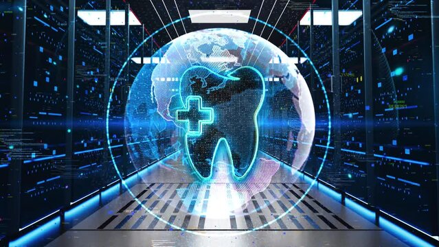 Teeth Icon Moving Through Rack Servers in Data Center. Concept of Teeth with Tooth Icon Medical Dentist Tool Dental Health, Doctor online. Medical consultation. Web healthcare dentist stomatologist