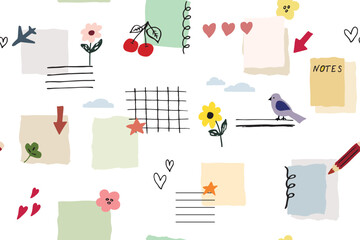 Seamless pattern of note paper pieces with cartoon cute stickers. Planner background, home information board. backgrounds with place for text, schedule, reminders, to-do list.