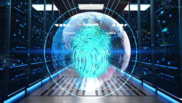 Fingerprint Icon Moving Through Rack Servers in Data Center. Concept of Biometric fingerprints identification, security system lines authentication. fingerprint scan thumb print, digital security scan
