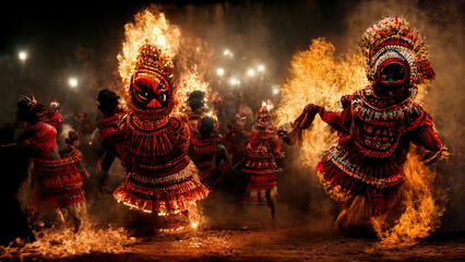 AI generated image of artists performing the traditional Theyyam dance in a village in Kerala, India - obrazy, fototapety, plakaty