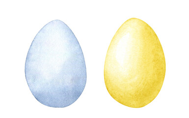 Watercolor blue and yellow eggs, isolated on transparent background