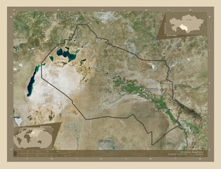Qyzylorda, Kazakhstan. High-res satellite. Labelled points of cities