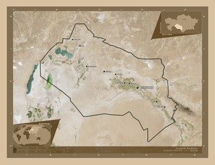 Qyzylorda, Kazakhstan. Low-res satellite. Labelled points of cities