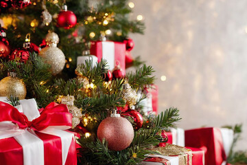 closeup of christmas tree with christmas baubles and decoration