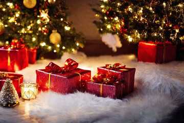 Naklejka na ściany i meble closeup of Christmas gifts and some lights and decorations