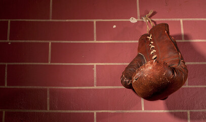old boxing gloves. boxing gloves on the wall.