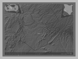 Bomet, Kenya. Grayscale. Labelled points of cities