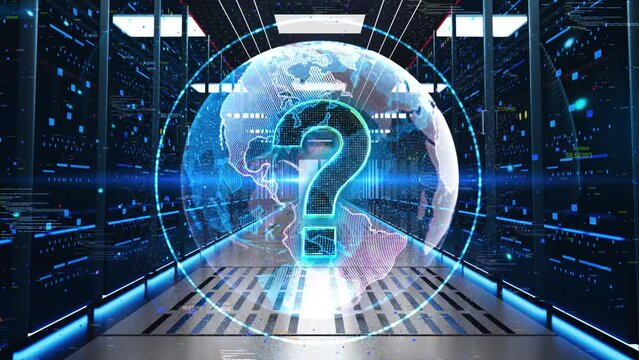 Question Mark Icon Moving Through Rack Servers in Data Center. Concept of Ask symbol. Help support, faq problem symbol, think education. Question marks, doubt, Poll, survey, interrogation, query.