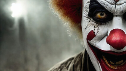 closeup of fantasy scary horror clown face with white red black makeup 