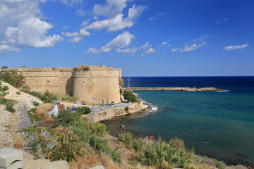 Fototapeta na wymiar Kyrenia in northern Cyprus, fortress, sea bay, blue sky