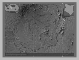 Embu, Kenya. Grayscale. Labelled points of cities
