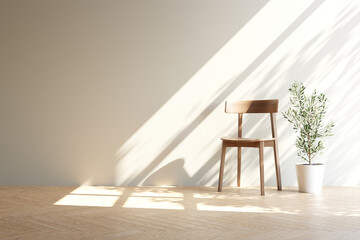 Wooden chair and plant in flower pot in room. Sun coming through windows and illuminating empty wall. 3D illustration.