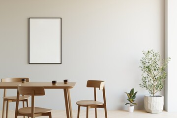 Wooden furniture in light room. Table and chairs and white wall with empty picture frame in background. Template for your content. 3D illustration.