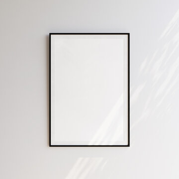 Single blank picture with thin black frame on white wall. Template for your content. 3D illustration.