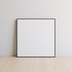 Single empty thin black picture frame leaning on white wall. Template for your content. 3D illustration.