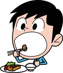 口を開けて食べ物を口に運ぶ男性