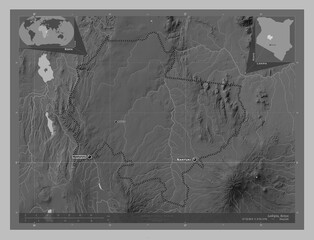 Laikipia, Kenya. Grayscale. Labelled points of cities