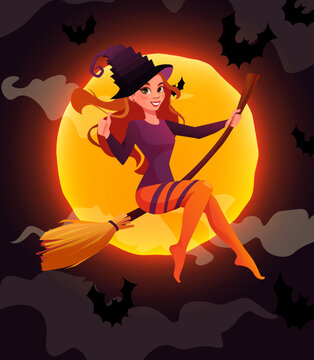 Halloween banner with redheaded witch flying on broom and hand lettering text. Cartoon vector illustration