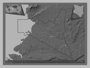 Migori, Kenya. Grayscale. Labelled points of cities