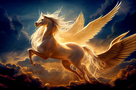 Majestic Pegasus horse flying high above the clouds. Flight of the Pegasus. 3d rendering
