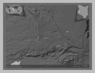 Nandi, Kenya. Grayscale. Labelled points of cities