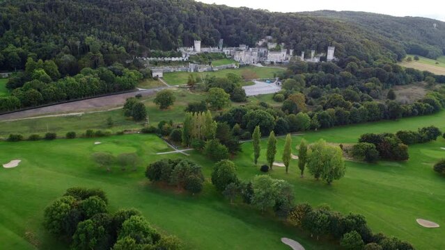 Aerial drone view of Gwrych Castle in United Kingdom