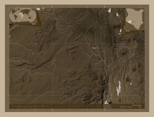 Narok, Kenya. Sepia. Labelled points of cities