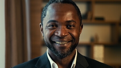 Close-up male business portrait smiling contented adult african american man standing indoors...