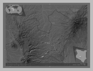 Nyeri, Kenya. Grayscale. Labelled points of cities