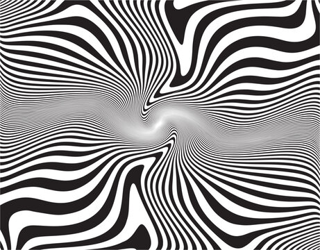 Line art optical art. Psychedelic background. Monochrome background. Optical illusion style. Black dark background. . Graphic ornament. Vector template
