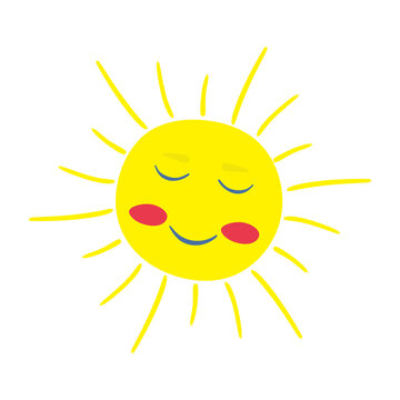 Sun with face drawn in doodle style. Beautifull sun cartoon style. Flat vector illustration