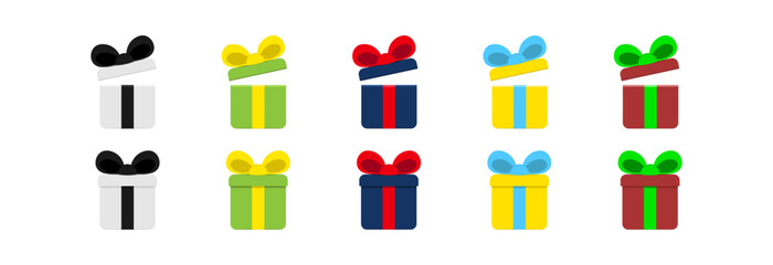 A set of gift boxes with a bow in closed and open shapes.