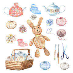 Watercolor knitting and croched hobby clipart. Yarn, needlework, gift. Handmade essentials. Stock illustration. Hand painted in watercolor. 