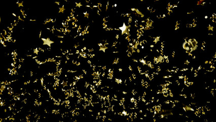 gold xmas holiday decoration props explosion on black, isolated - object 3D illustration