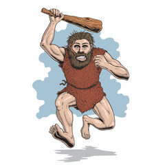 Neanderthal man, caveman or cro-magnon running with cudgel, isolated on white background. Bearded prehistoric savage in animal skin comic style vector illustration.