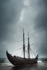 Viking ship drakkar at stormy sea