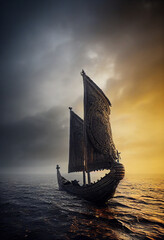 Viking ship drakkar at stormy sea