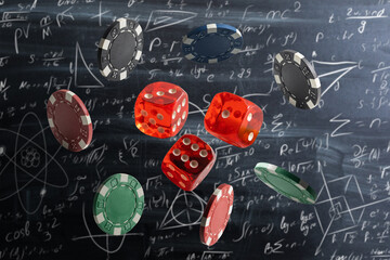 dice on the background of formulas.
