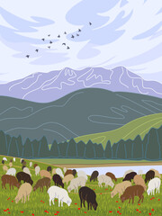 Landscape with  Mountains,  River  and  Sheep Grazing on Lawn - 538174338