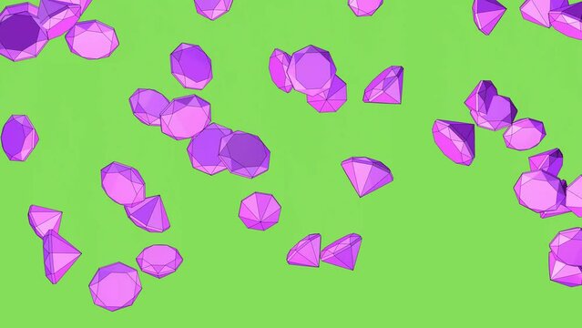 Purple rubies fall on a green background. 3D animation. Cartoon background. Rain of gems.