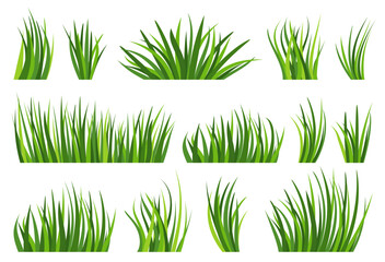Green grass natural organic lawn flat set. Greenery leaves cartoon icon. Summer bio herb meadow. Eco plant fresh bush. Different shape spring herbal turf on white background. Foliage landscape border