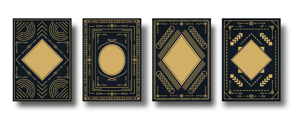 Vintage cover design set. Golden engraving pattern template with copy space for annual notebook, notepad, brochure, copybook, diary. Art deco graphic print for magazine covers, booklet journal cards