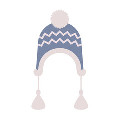 Winter cosy hat for cold or snow. Knitted blue cap, vector illustration