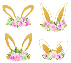 Watercolor set of hare ears with flowers, isolated on transparent background 