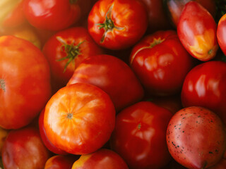 Fototapeta na wymiar Tomatoes lie on a heap on top of each other, tomato texture. farm vegetables