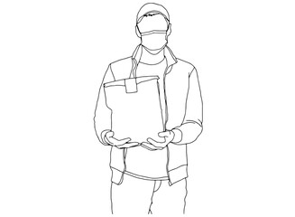 The guy in the cap courier with boxes. One line drawing isolated object by hand on a white background.