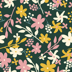 Cute floral pattern. Seamless vector texture. An elegant template for fashionable prints. Print with yellow,pink and white flowers . dark green background.