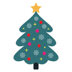Christmas tree. Evergreen tree with decorations and gifts or toys. Christmas and New Year celebration concept. Cartoon style, colorful drawing