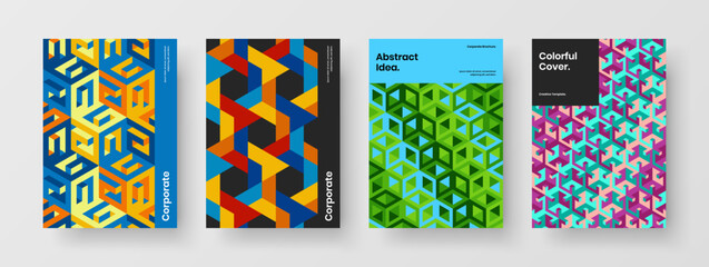 Fresh book cover design vector layout bundle. Amazing mosaic hexagons brochure illustration set.