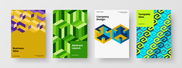 Abstract geometric hexagons booklet concept collection. Multicolored magazine cover A4 vector design illustration bundle.